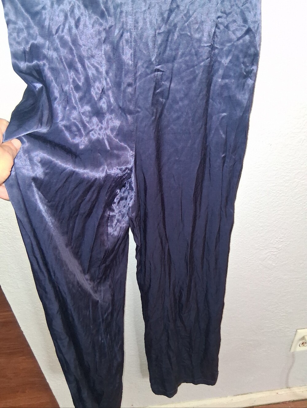 Badgley Mischka Satin Sequin Jumpsuit Midnight Blue Black Formal 8 - Picture 6 of 10